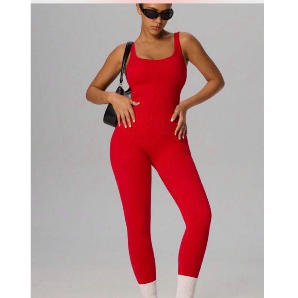 All in Motion Womens Red Ribbed Active Bodysuit Square Neck Jumpsuit Medium NWT
